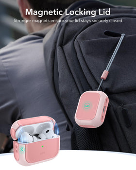 ESR AirPods Pro 2 case pink, MagSafe magnets securing wireless charging.
