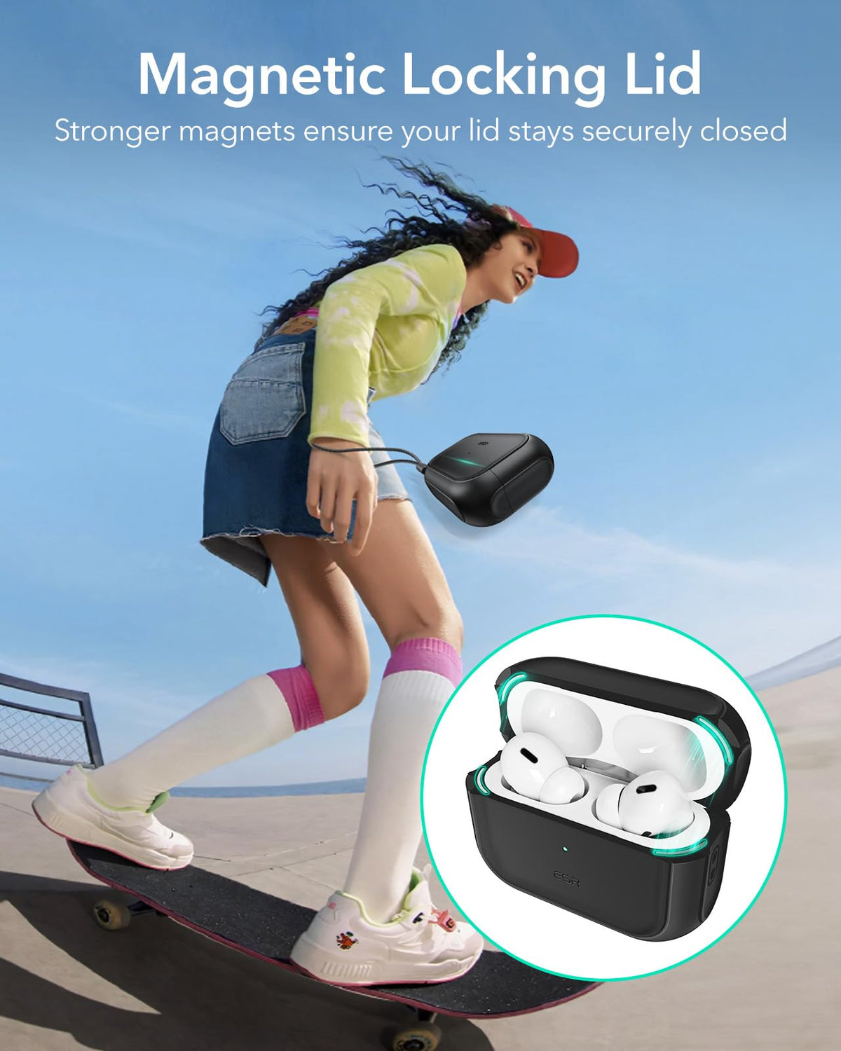 ESR AirPods Pro 2 case side view with attachable strap for secure carry.