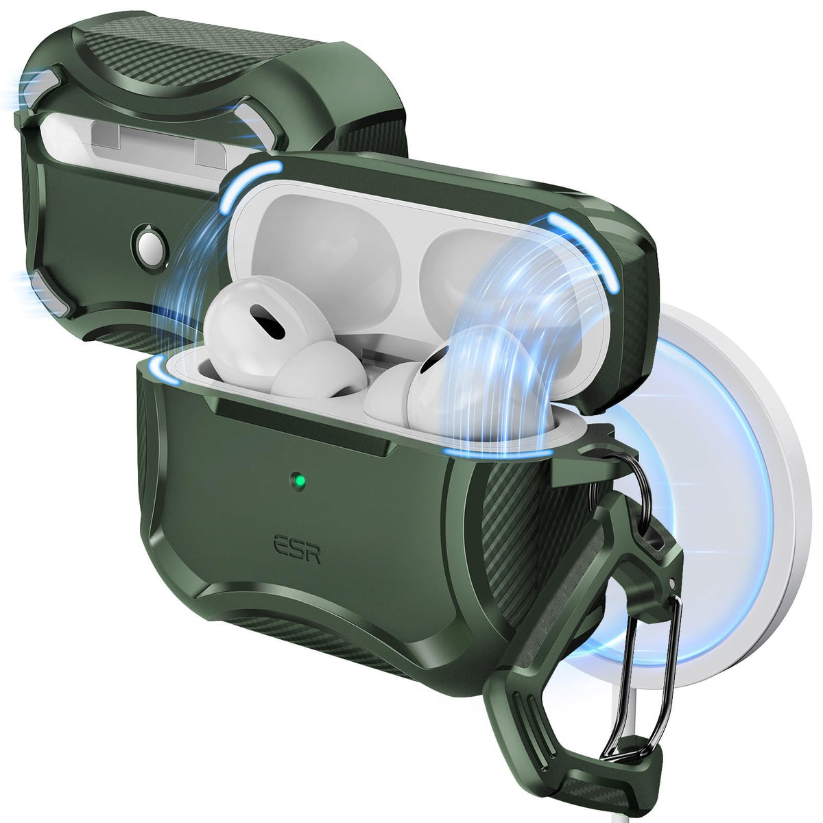 ESR AirPods Pro 2 green case, front-angled view, showcasing sleek protection.