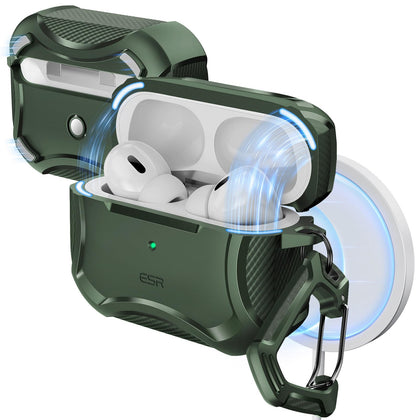 ESR AirPods Pro 2 green case, front-angled view, showcasing sleek protection.