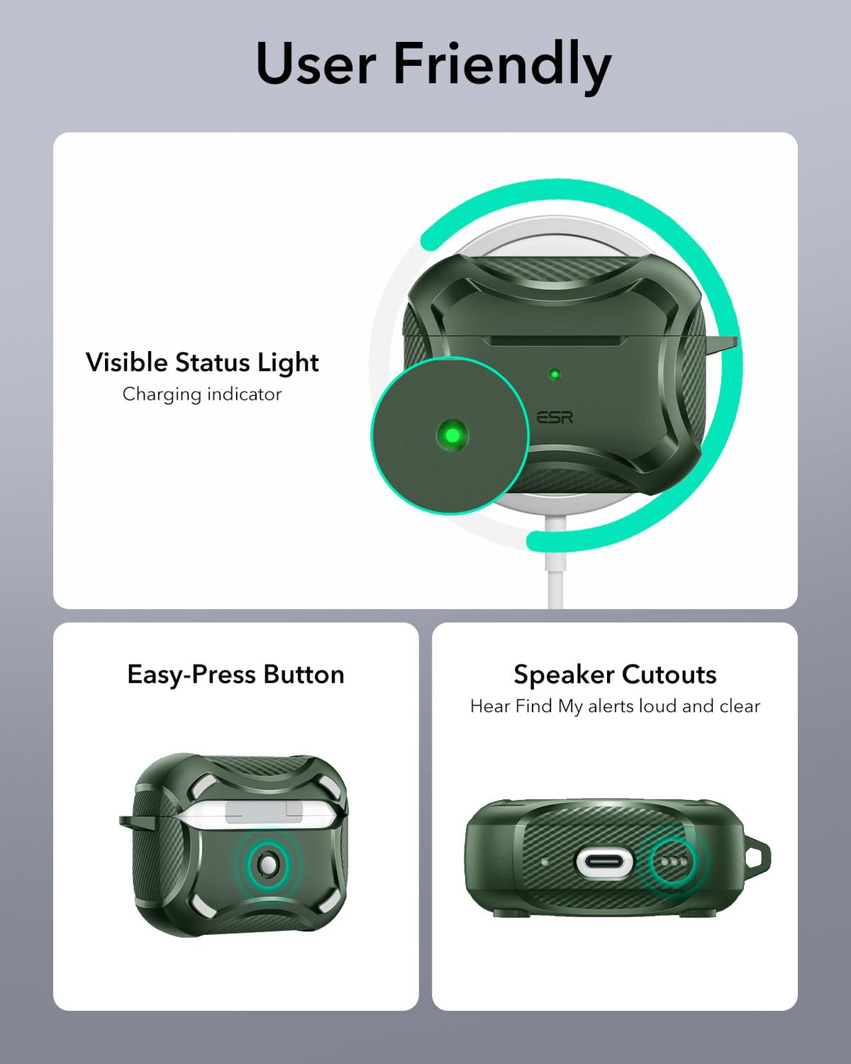 ESR AirPods Pro 2 green case lid-closure test showing secure magnetic hold.