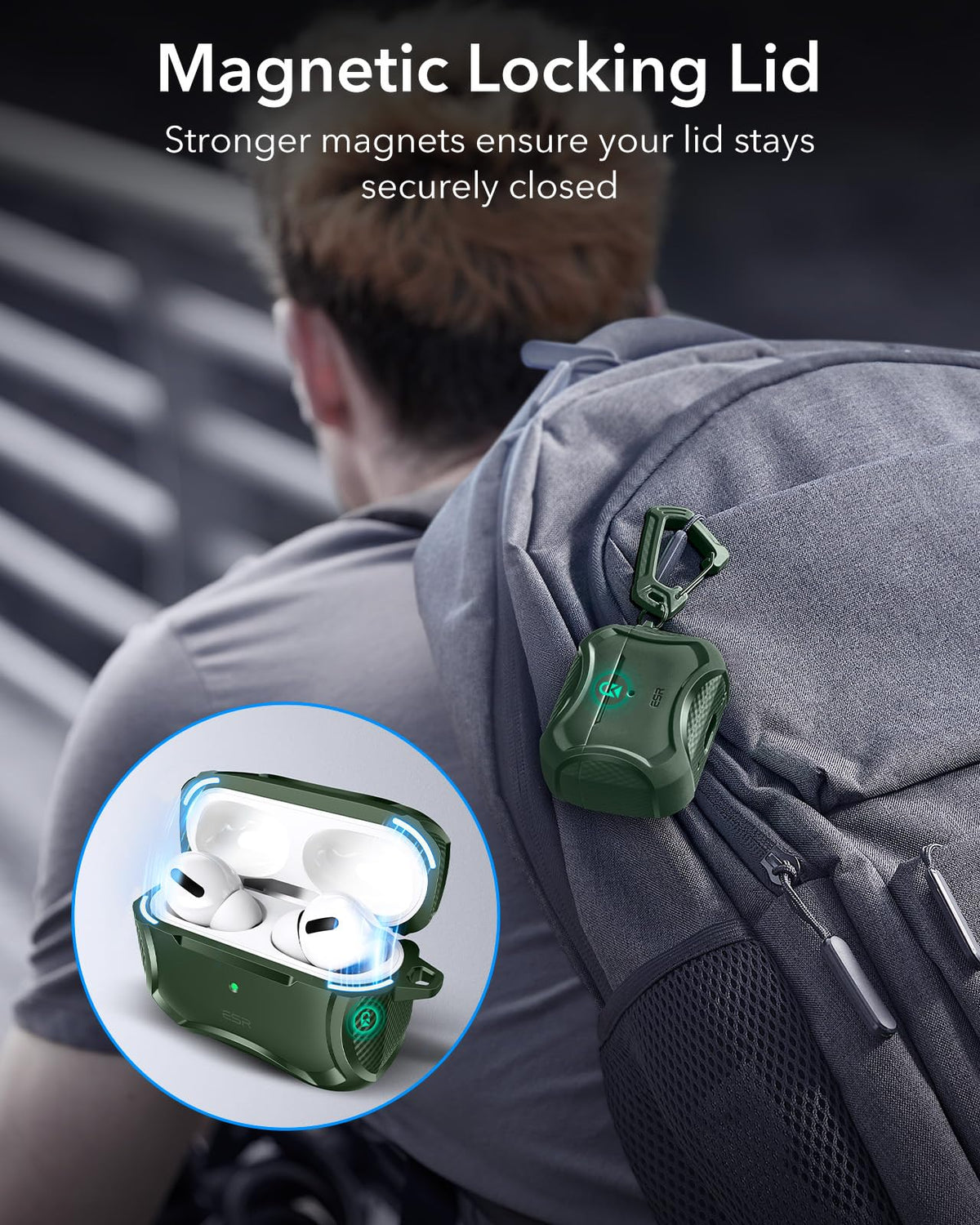 ESR AirPods Pro 2 green case with magnetic lid for secure closure.