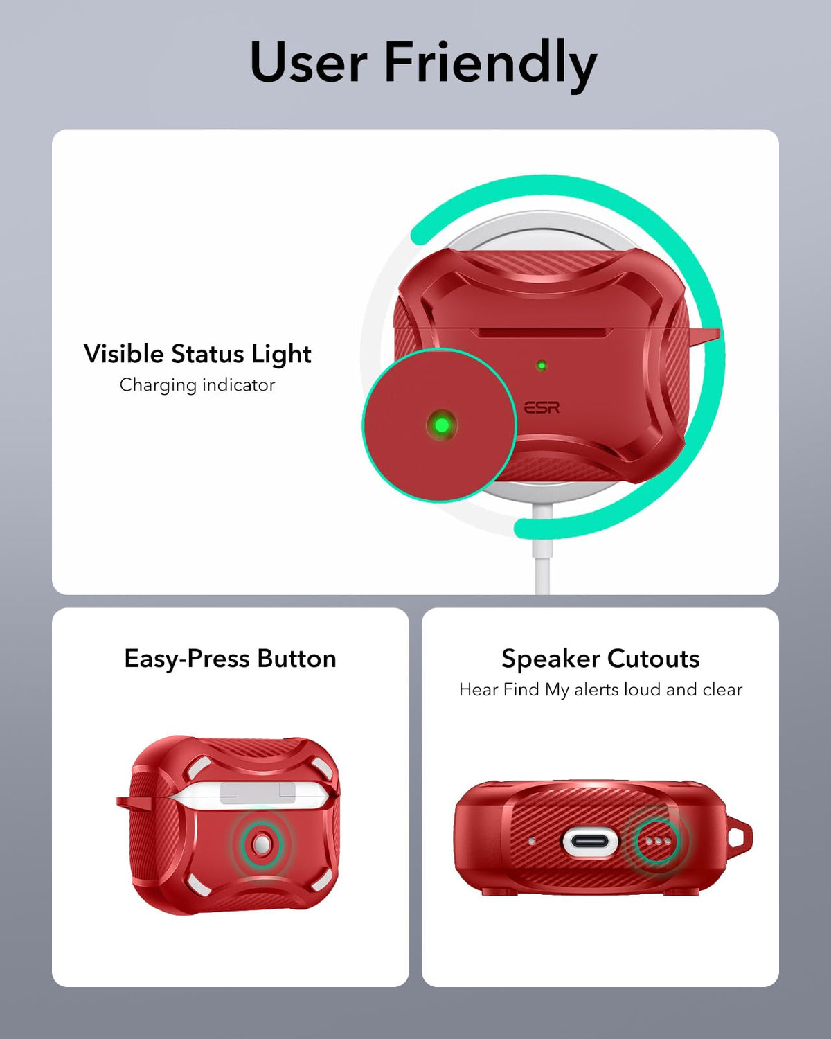 ESR red AirPods Pro 2nd Gen case adds bold style with reliable protection.