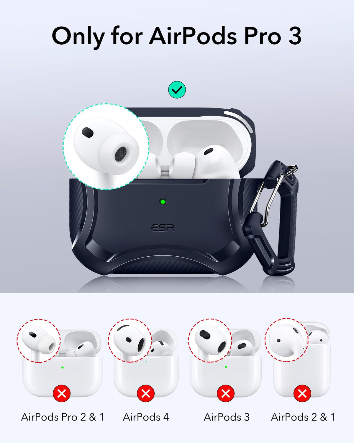 ESR AirPods Pro 3 Cyber Navy case, lid closed, secure magnetic latch for travel