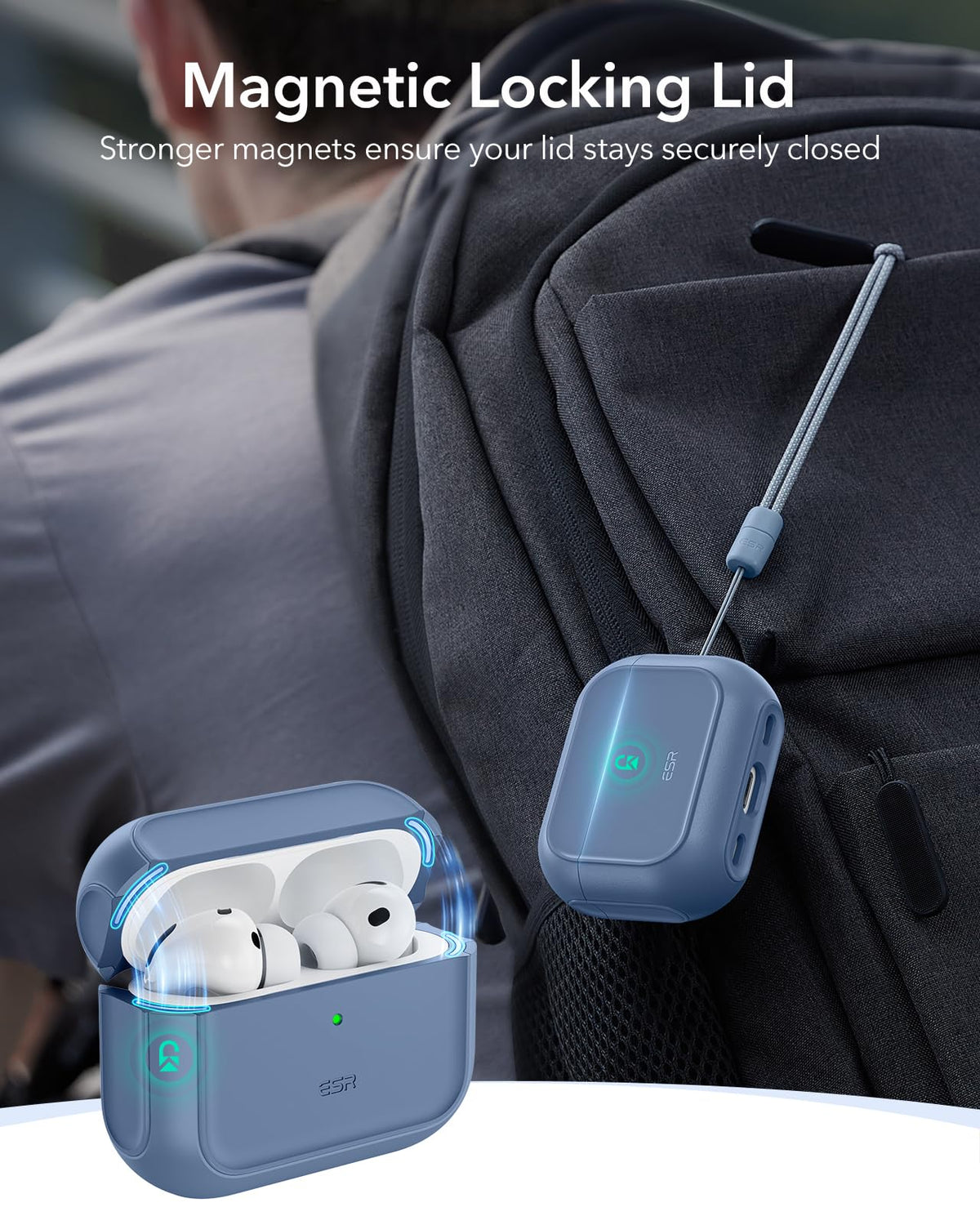 ESR AirPods Pro 3 Case dark blue, braided strap for hands-free carrying.