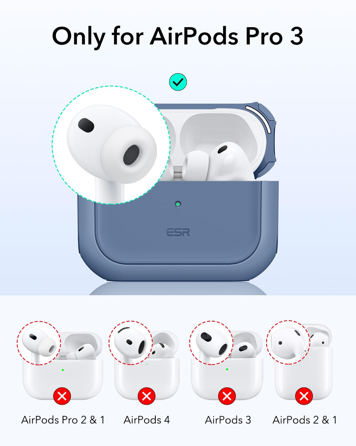 ESR AirPods Pro 3 Case dark blue, side view, snug fit with easy-grip edges.