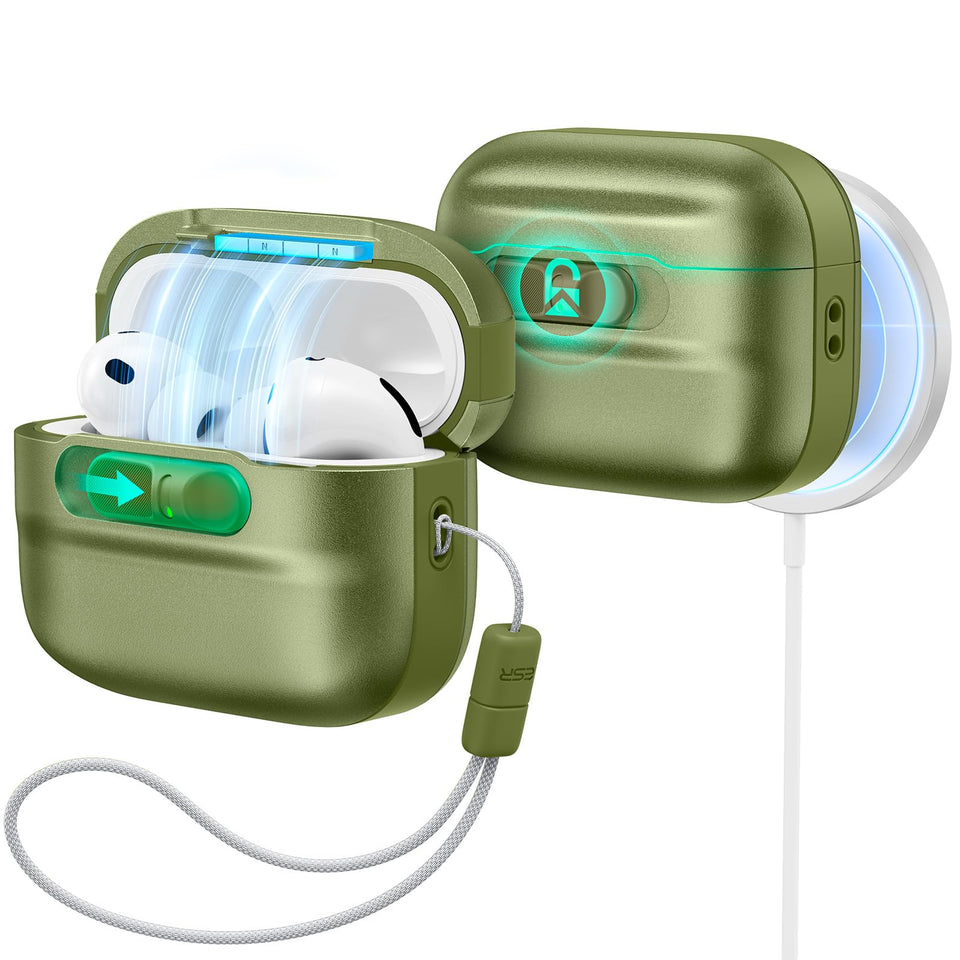 ESR AirPods Pro 3 Case green, front view highlighting drop-protective shell.