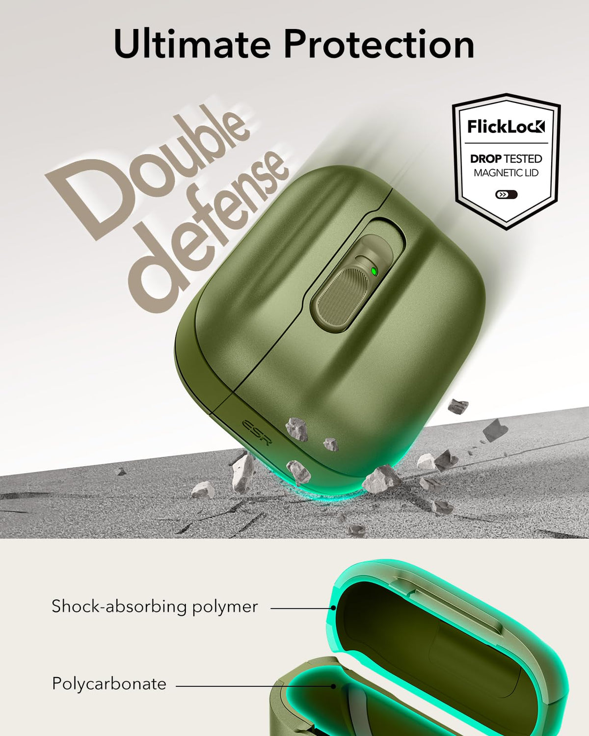 ESR AirPods Pro 3 Case green, in-pocket style with secure magnet lid.