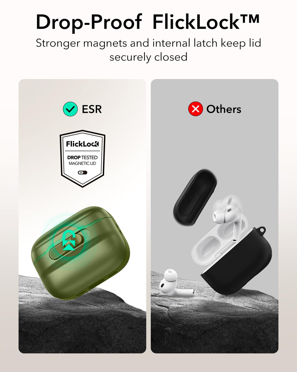 ESR AirPods Pro 3 Case green, lanyard attachment for portable carry.
