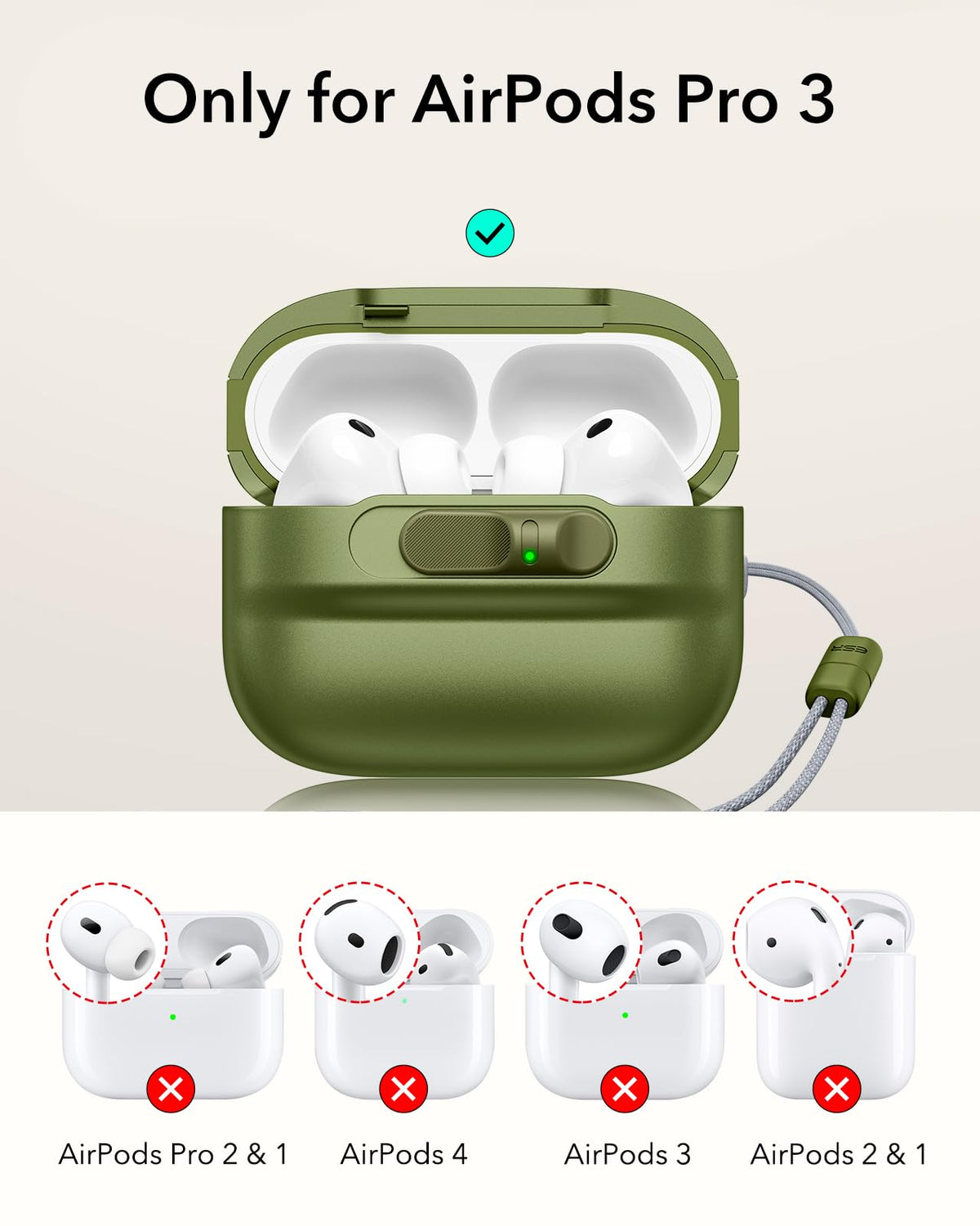 ESR AirPods Pro 3 Case green, side view emphasizing slim profile and secure lid.