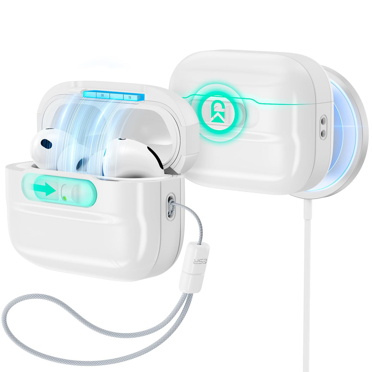 ESR AirPods Pro 3 case magnetic lid lock for secure, on-the-go protection.