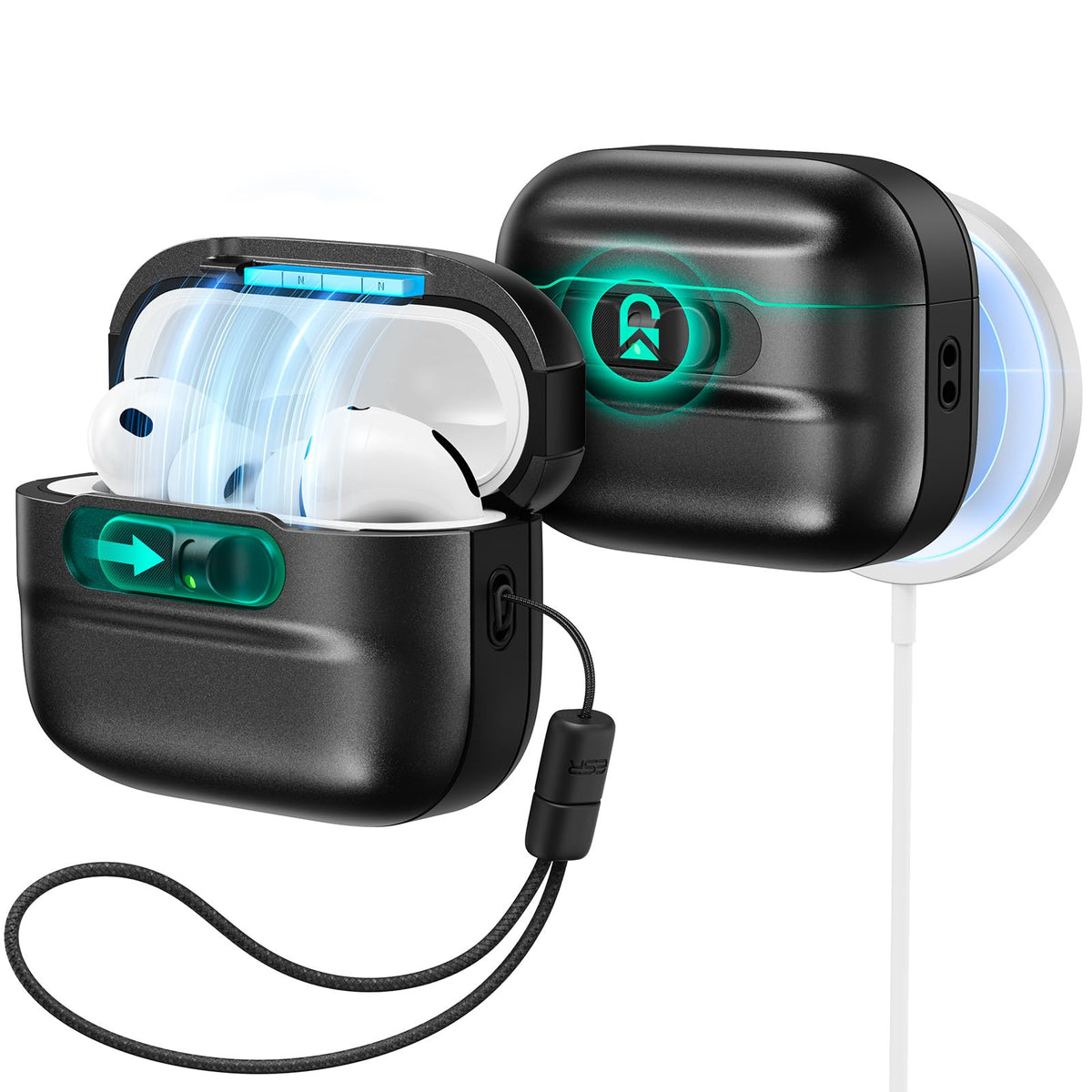 ESR AirPods Pro 3 case with magnetic lid for secure storage and quick access.