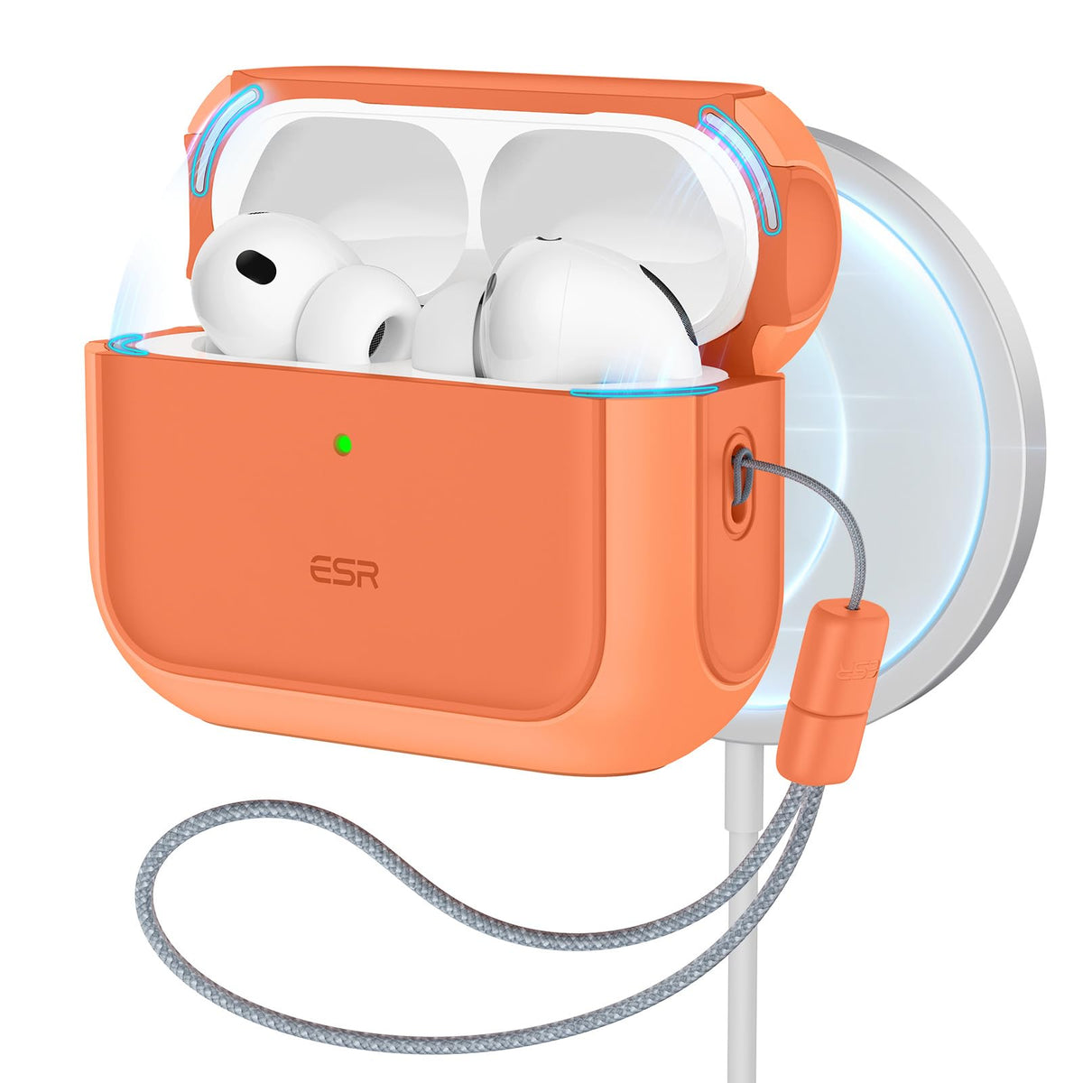 ESR AirPods Pro 3 Case orange front view showing MagSafe alignment and charging access.