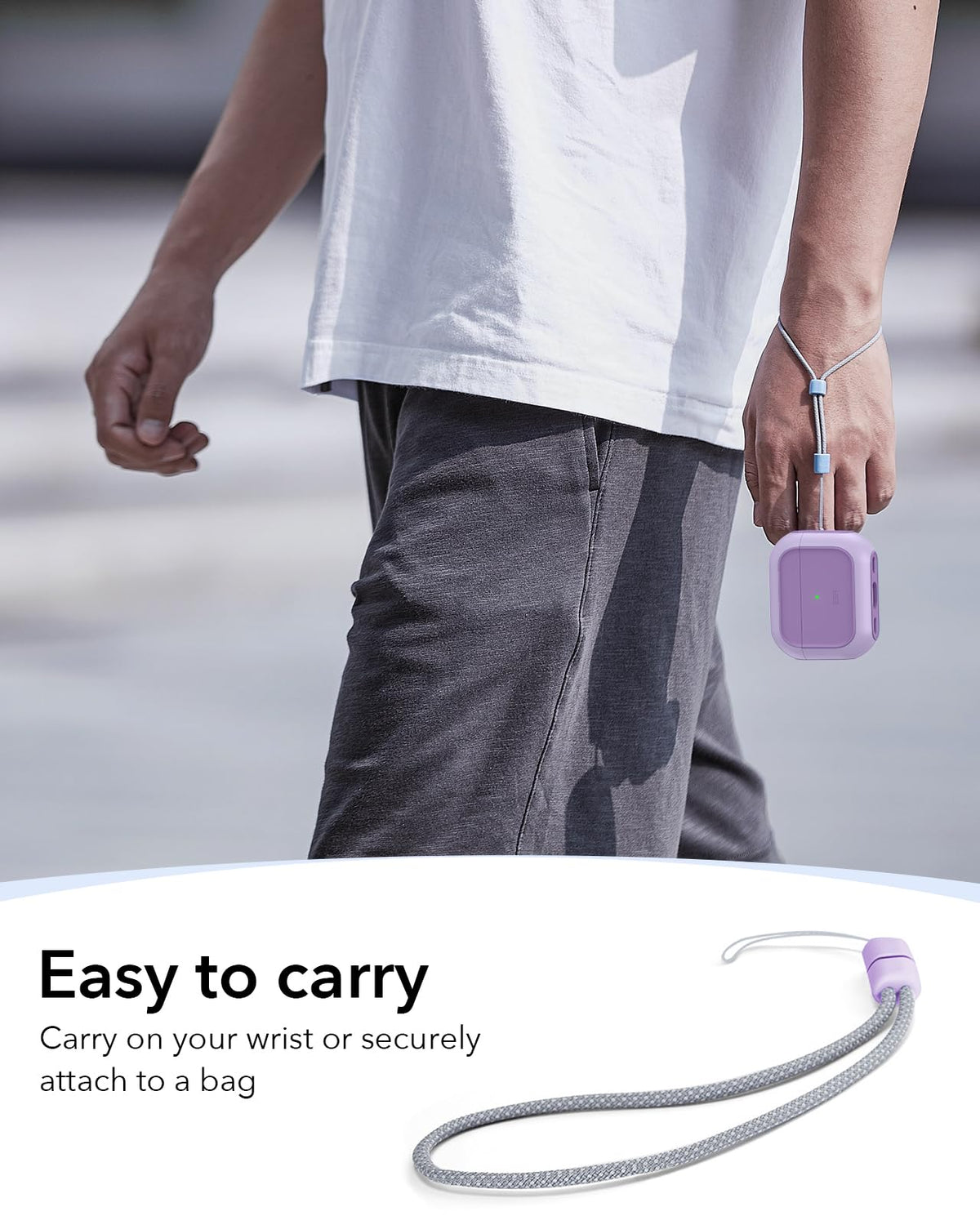 ESR AirPods Pro 3 Case purple lanyard attachment on bag.