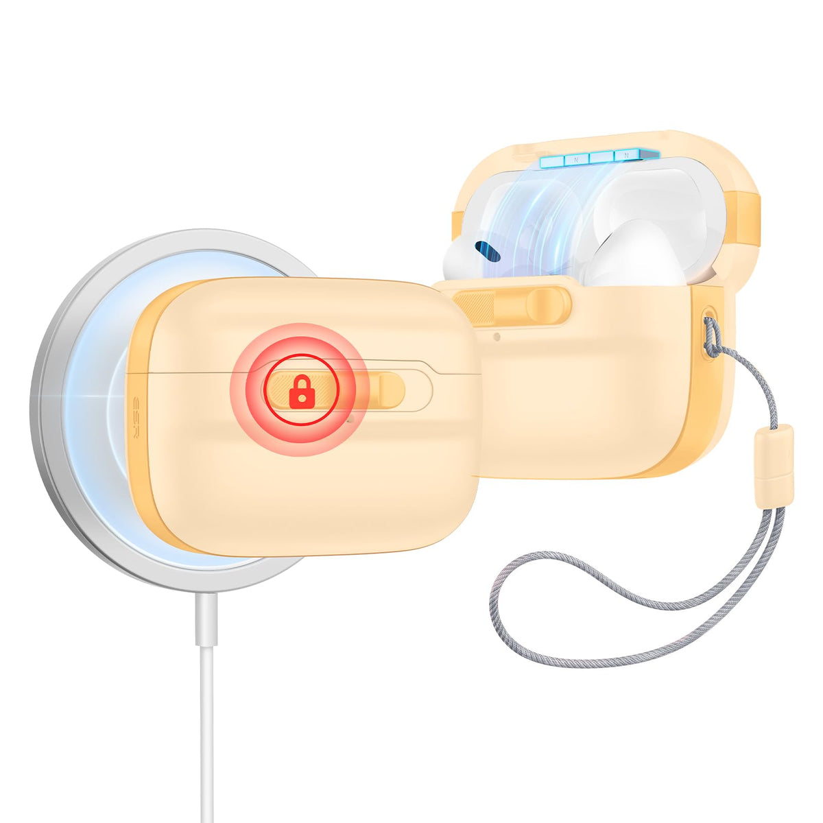 ESR AirPods Pro case magnetic lid lock securing earbuds during drops