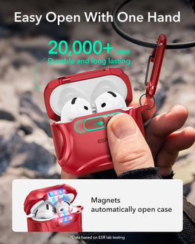 ESR AirPods 4 Cyber Red case—drop-protection corners guard against impacts.