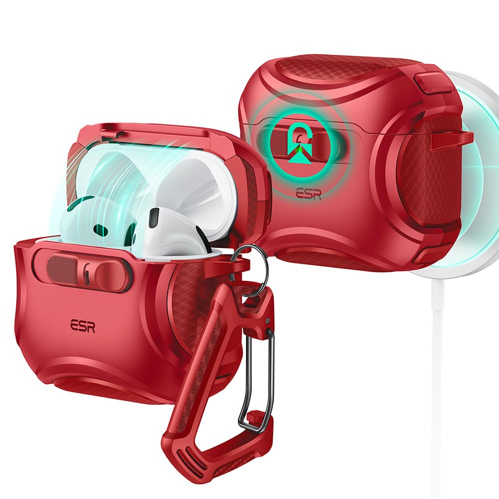 ESR AirPods 4 Cyber Red case—front view with secure FlickLock protection on the go.