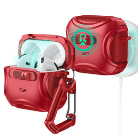 ESR AirPods 4 Cyber Red case—front view with secure FlickLock protection on the go.