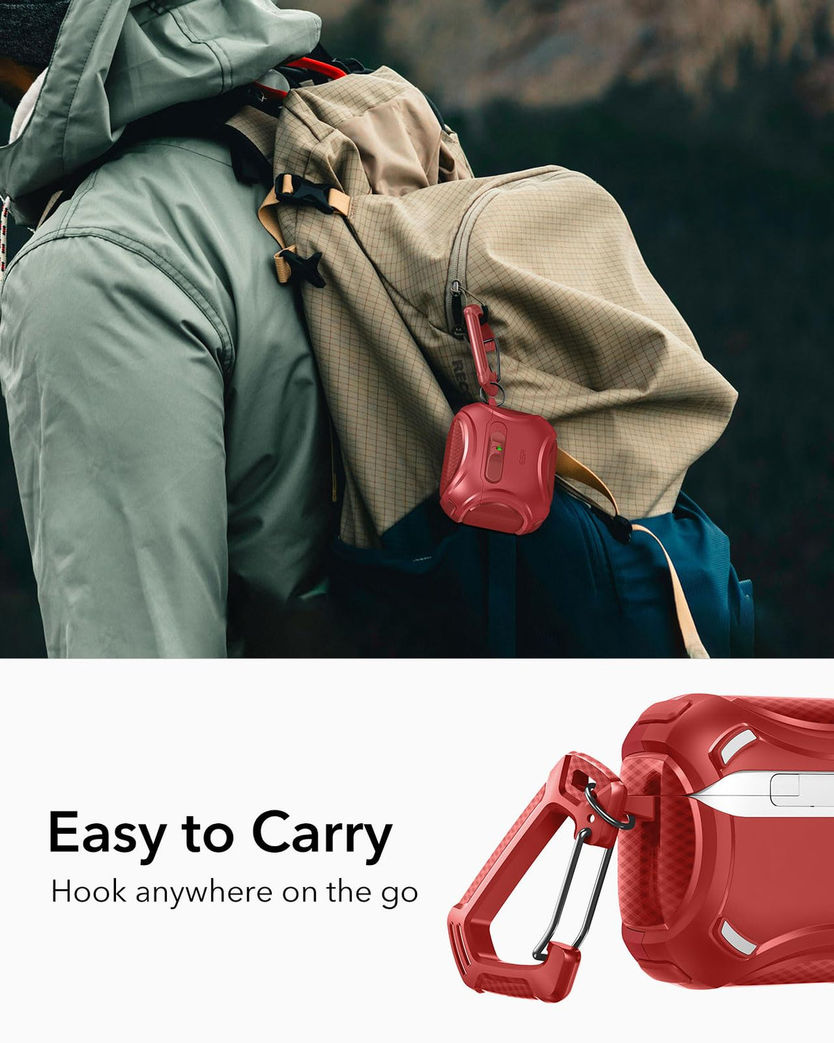 ESR AirPods 4 Cyber Red case—in-use on the go for quick earbud access.