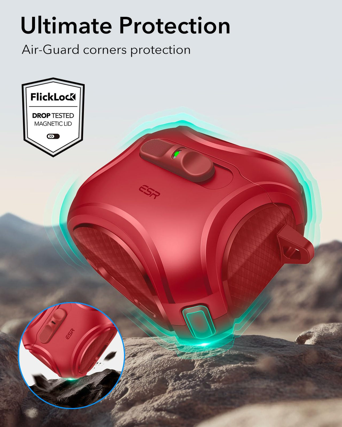 ESR AirPods 4 Cyber Red case—inside view securing AirPods 4 in place.