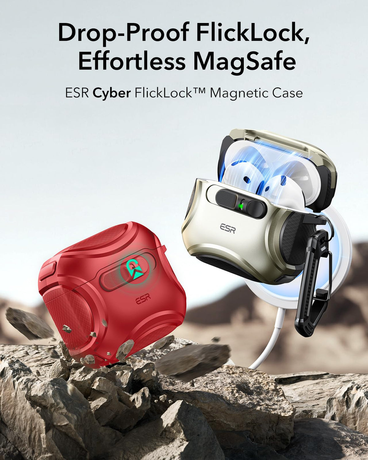 ESR AirPods 4 Cyber Red case—rear MagSafe alignment for easy wireless charging.