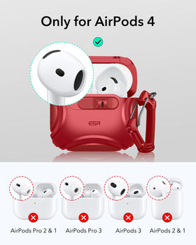 ESR AirPods 4 Cyber Red case—side latch demonstration enabling one-handed access.