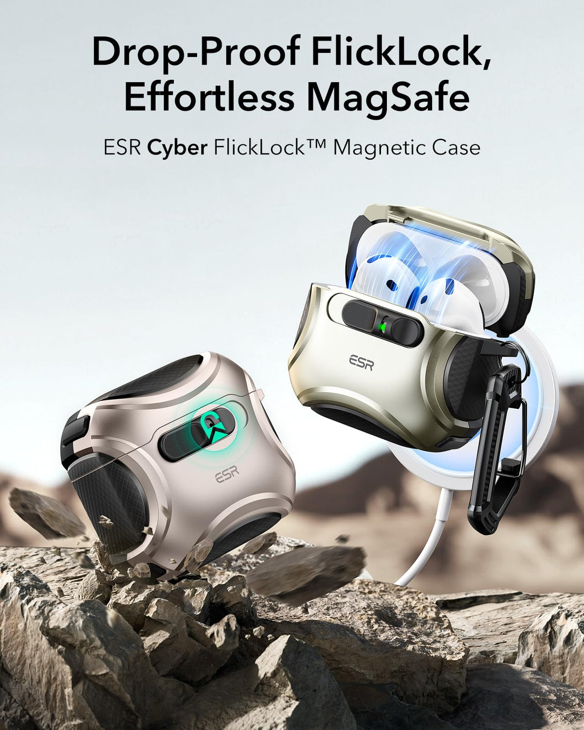 ESR Desert Titanium AirPods 4 case back view highlighting MagSafe compatibility.