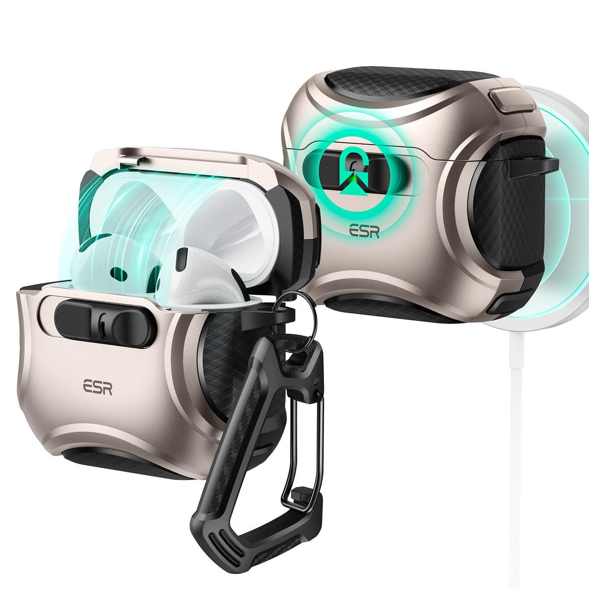 ESR Desert Titanium AirPods 4 case front view with secure FlickLock protection.