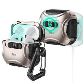 ESR Desert Titanium AirPods 4 case front view with secure FlickLock protection.