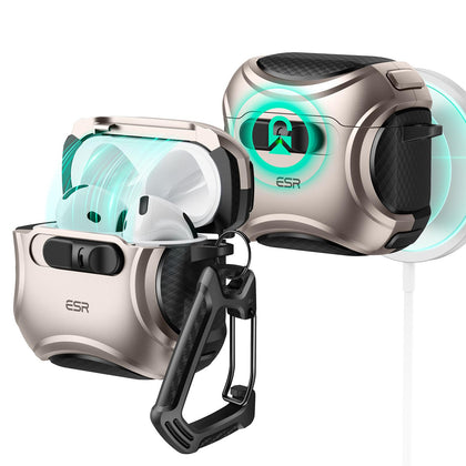 ESR Desert Titanium AirPods 4 case front view with secure FlickLock protection.