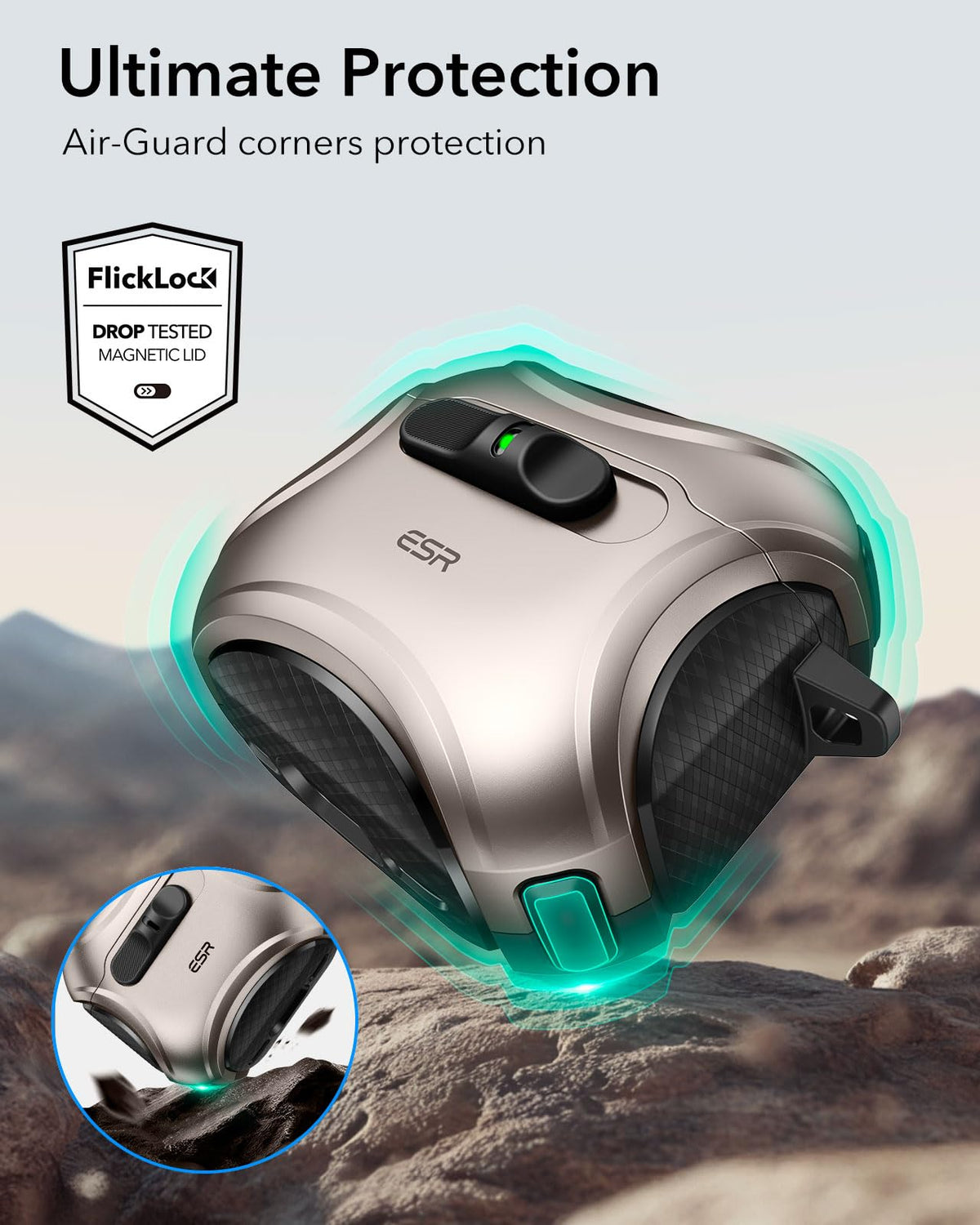 ESR Desert Titanium AirPods 4 interior cradle for snug fit.
