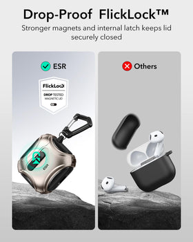 ESR Desert Titanium AirPods 4 lid-open view for one-handed access.