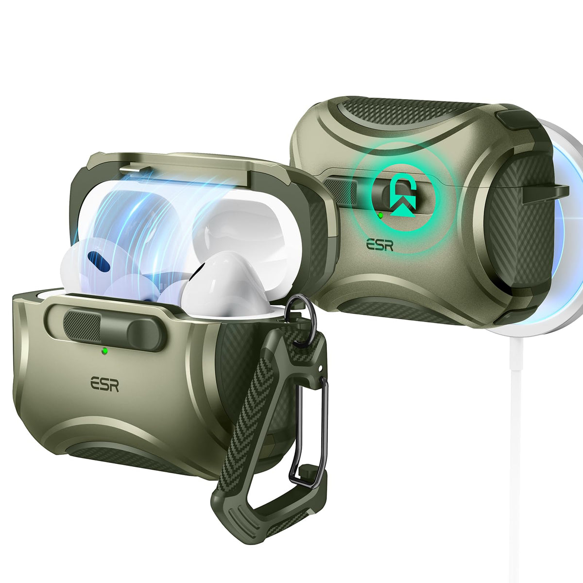ESR Army Green Cyber Series case for AirPods Pro 2 in front view protects with rugged styling