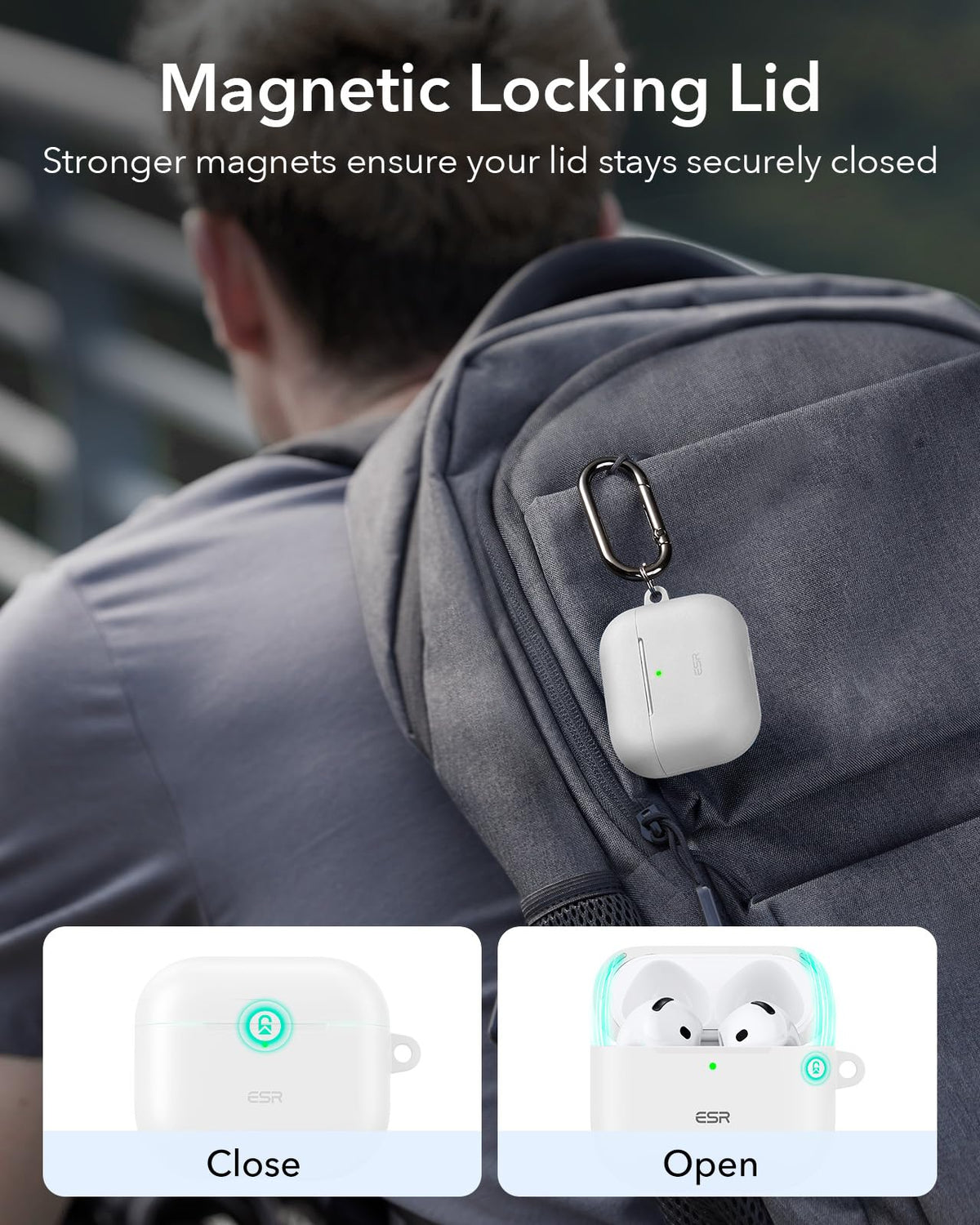 ESR Cloud Series carabiner attachment clipped to backpack for hands-free carry