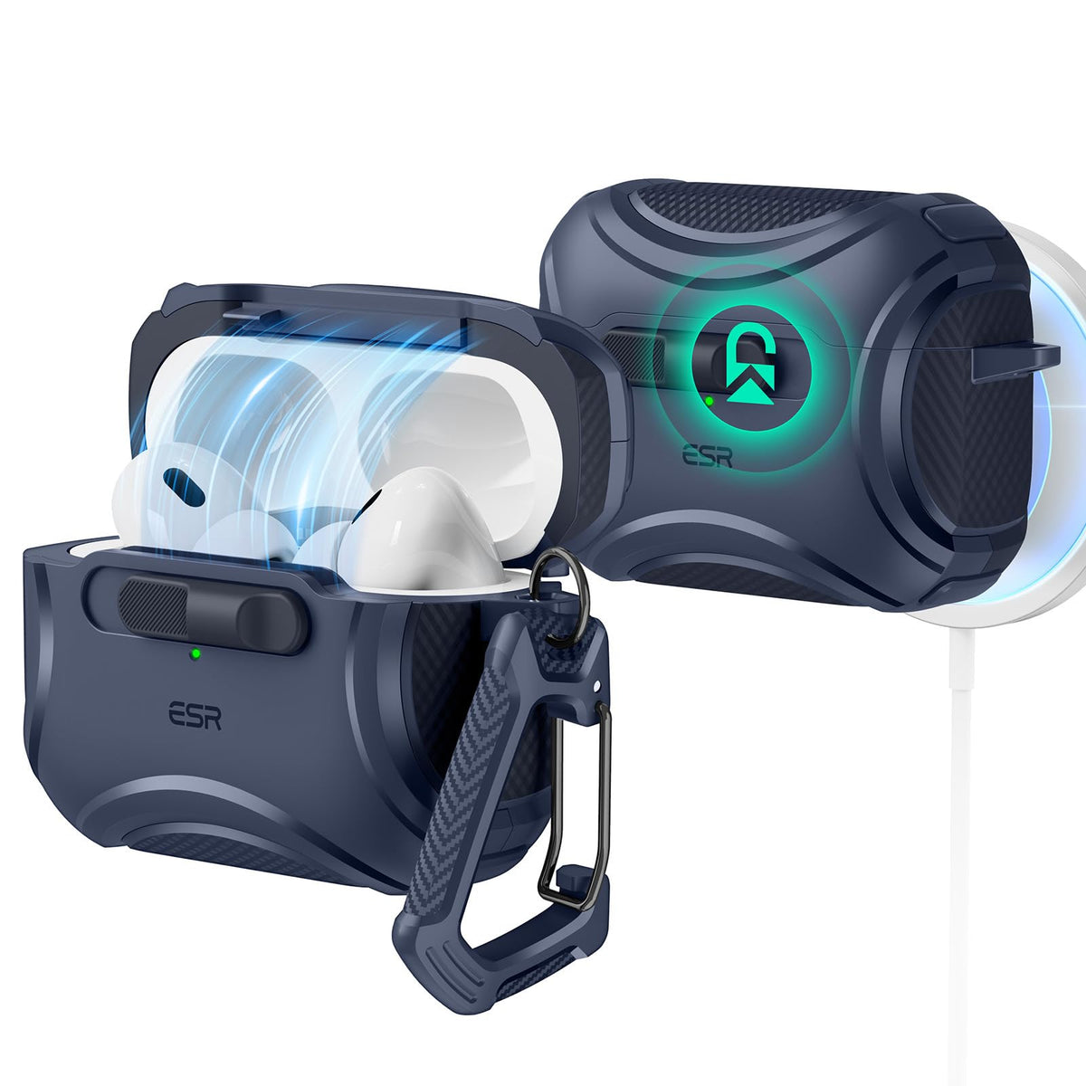ESR Cyber Series AirPods Pro 2 blue front view showing rugged protection