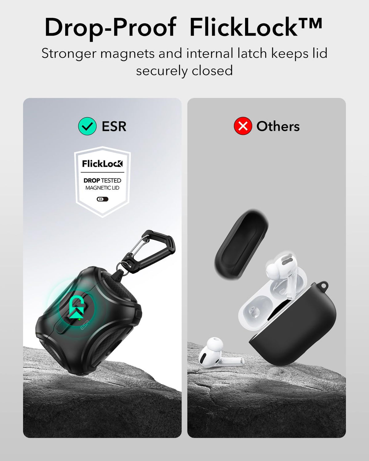 ESR Cyber Series AirPods Pro 2 case latch closeup highlighting secure fit.