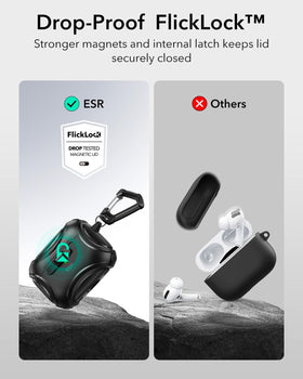 ESR Cyber Series AirPods Pro 2 case latch closeup highlighting secure fit.