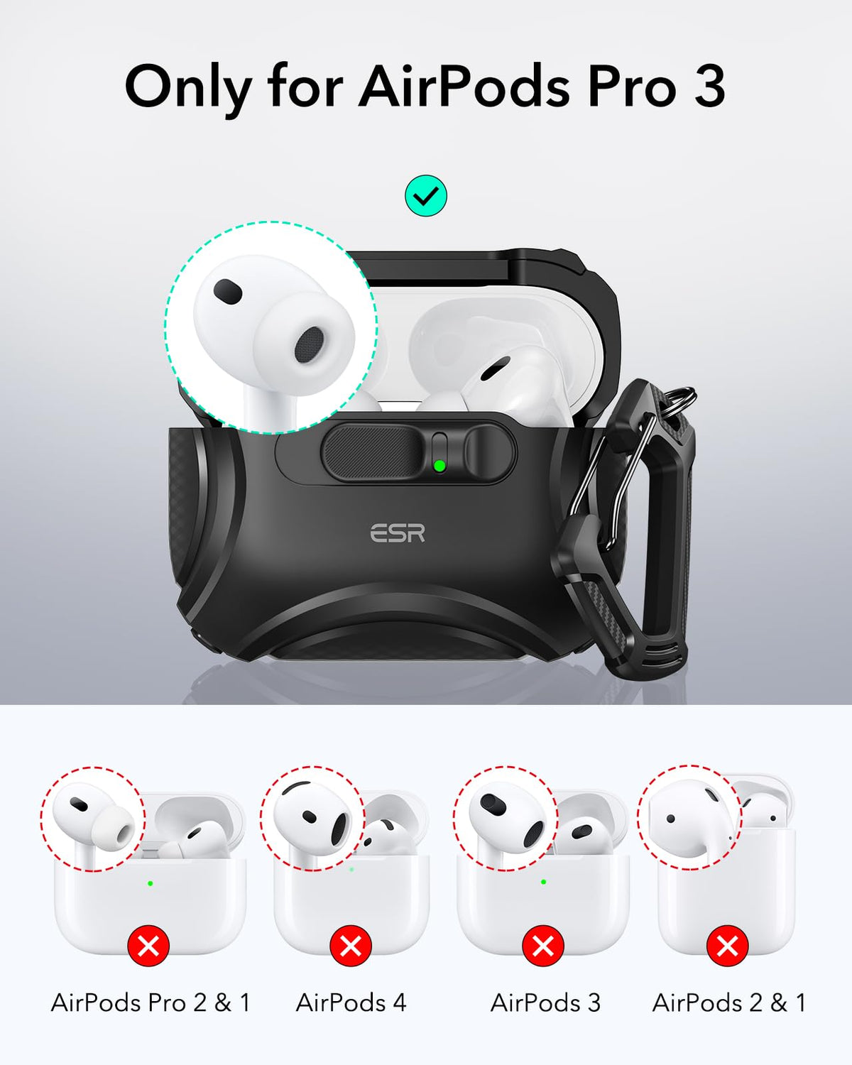 ESR Cyber Series AirPods Pro 3 case side latch demonstrates Secure FlickLock