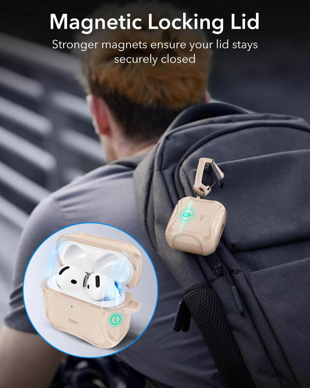 ESR Cyber Series Desert Titanium AirPods 4 case in drop protection action
