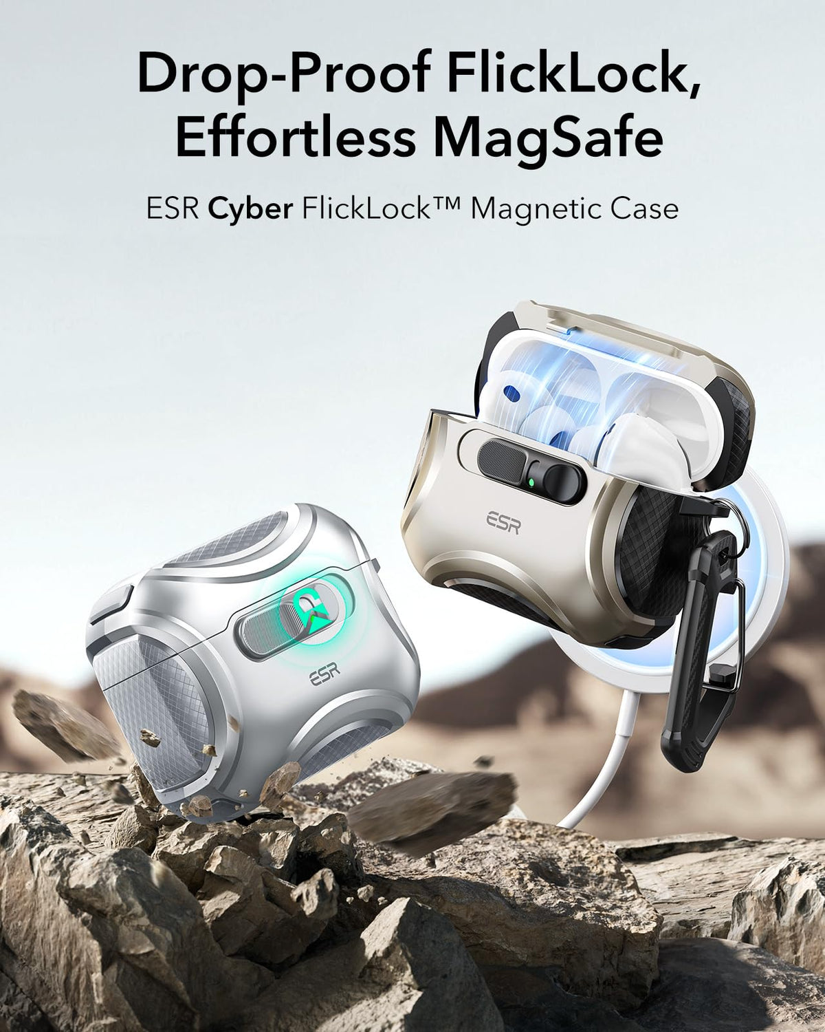 ESR Cyber Series FlickLock detail demonstrating slide-to-open latch for one-handed access