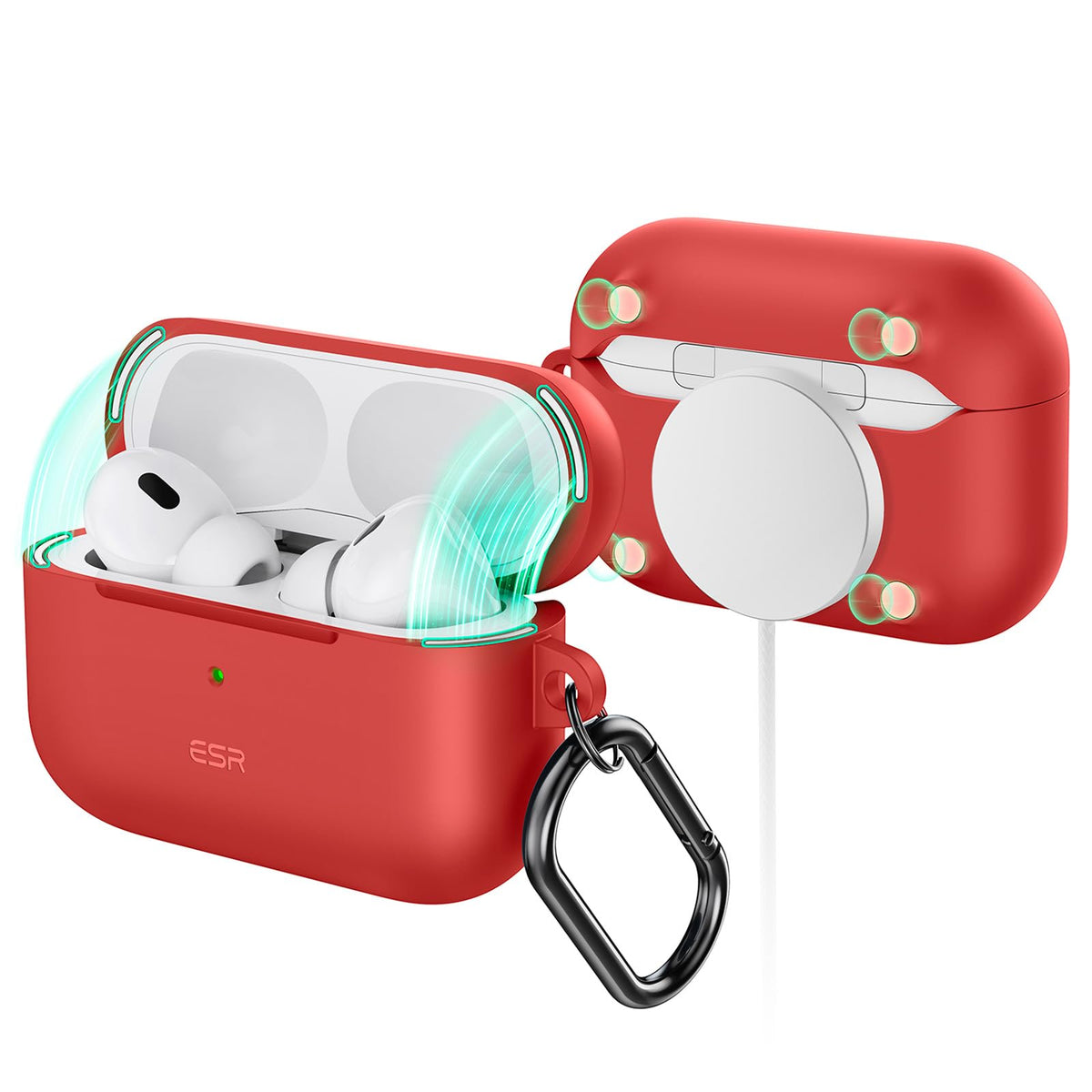 ESR HaloLock AirPods Pro 2 red case front view highlights slim, protective profile.