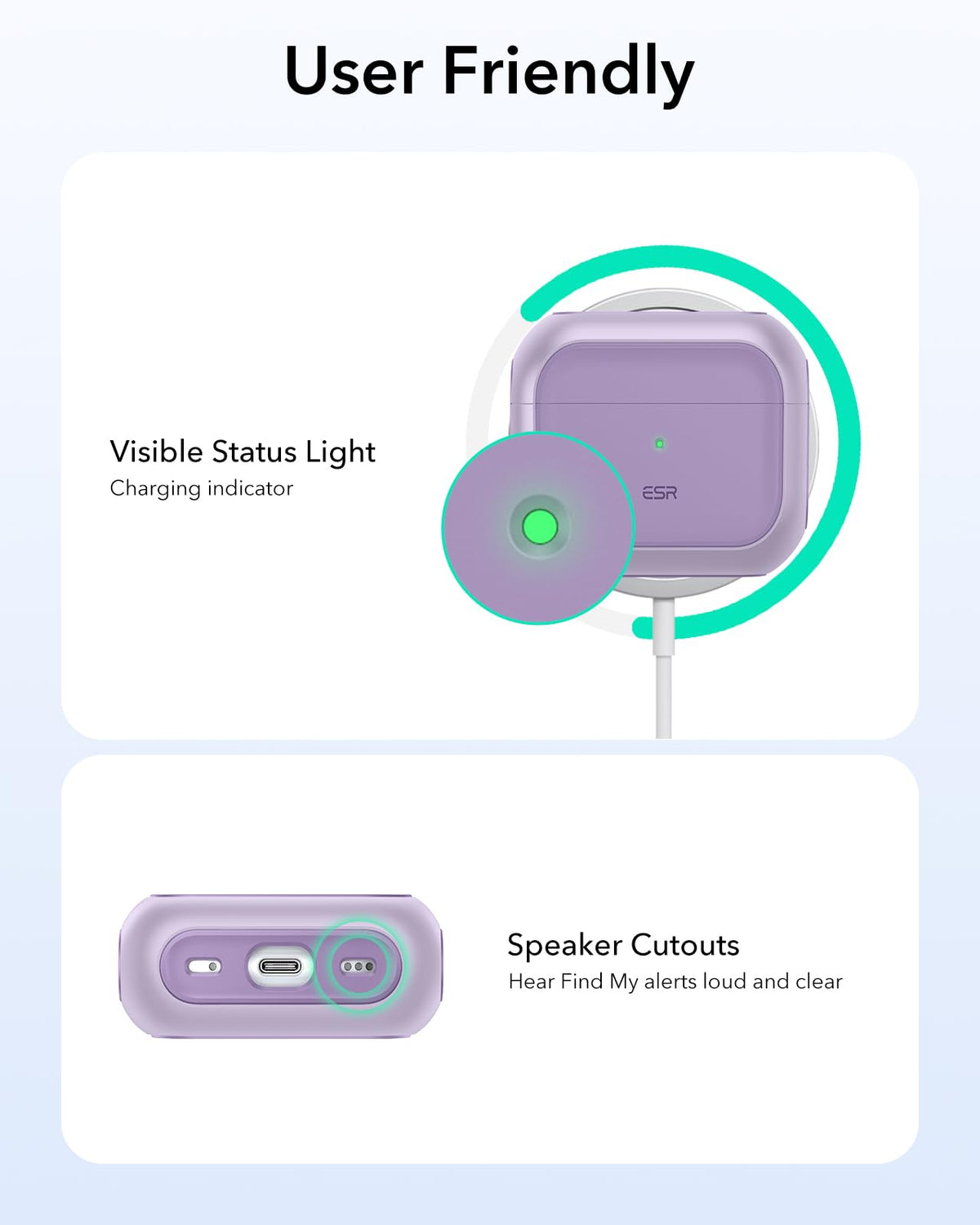 ESR Orbit Hybrid AirPods 4 case purple lifestyle shot with Find My beeps