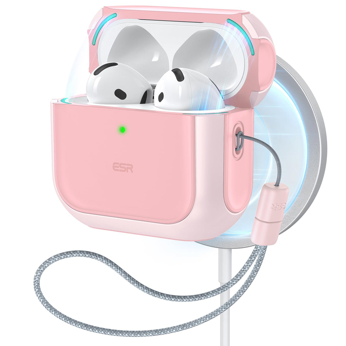 ESR Orbit Hybrid pink AirPods 4 case front view shows MagSafe compatibility for easy charging.