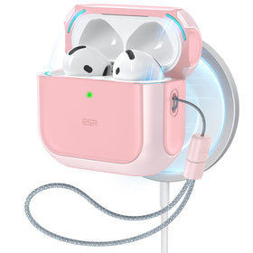ESR Orbit Hybrid pink AirPods 4 case front view shows MagSafe compatibility for easy charging.