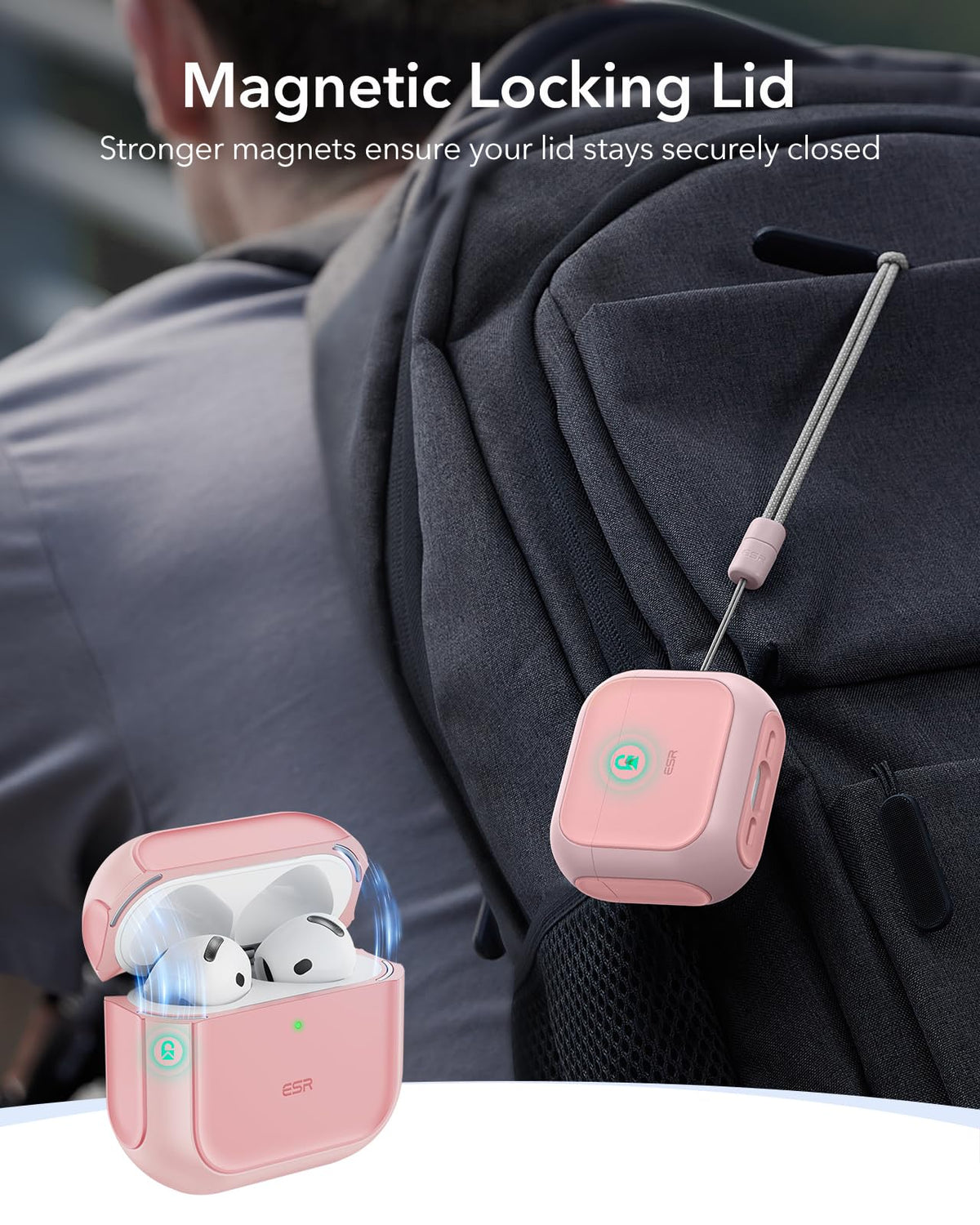 ESR Orbit Hybrid pink AirPods 4 case MagSafe back demonstrates strong magnets for wireless charging.