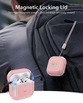 ESR Orbit Hybrid pink AirPods 4 case MagSafe back demonstrates strong magnets for wireless charging.