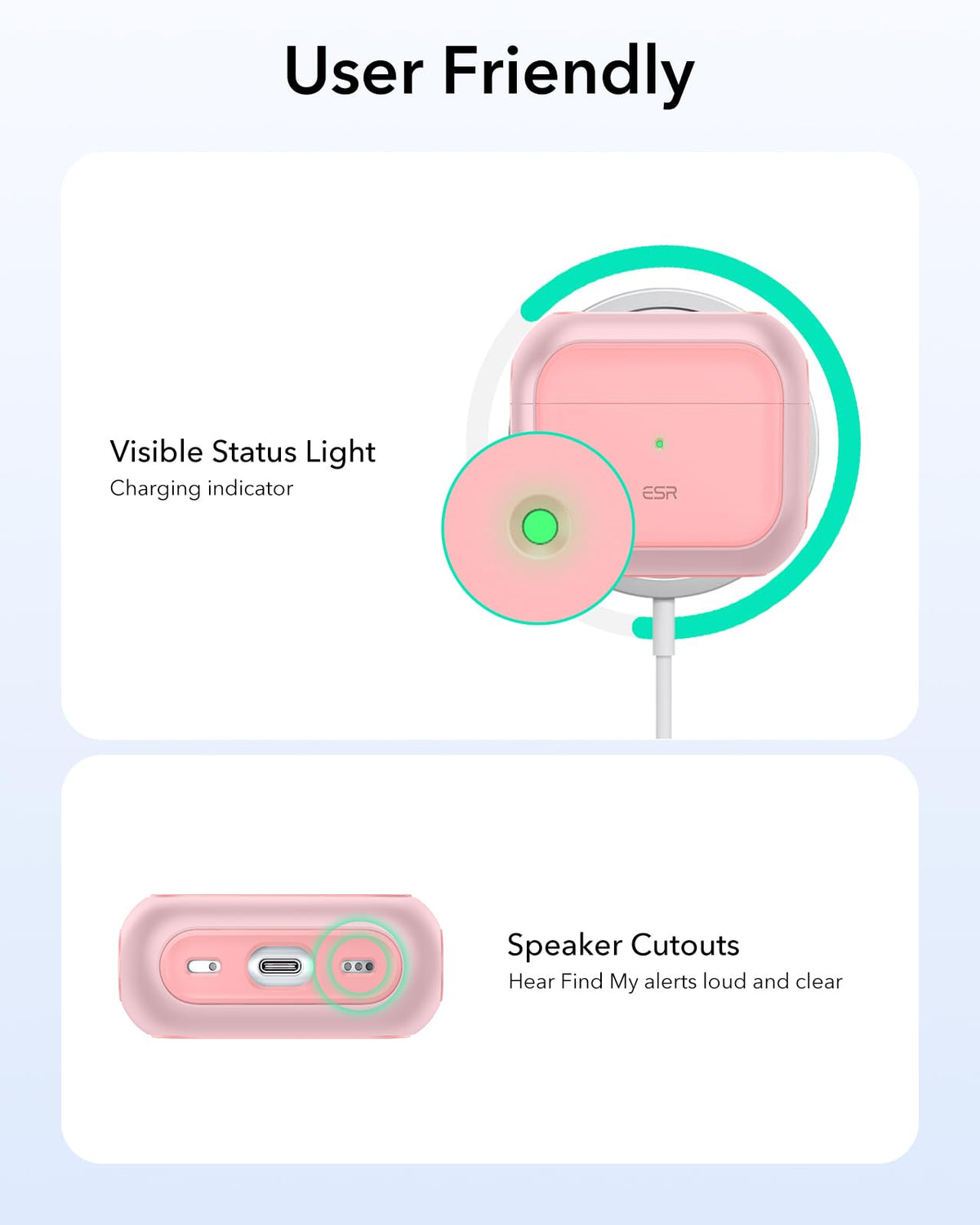 ESR Orbit Hybrid pink AirPods 4 case open lid for quick access and magnetic lid.
