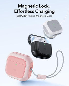 ESR Orbit Hybrid pink AirPods 4 case side view emphasizes grip-friendly texture and secure lanyard.