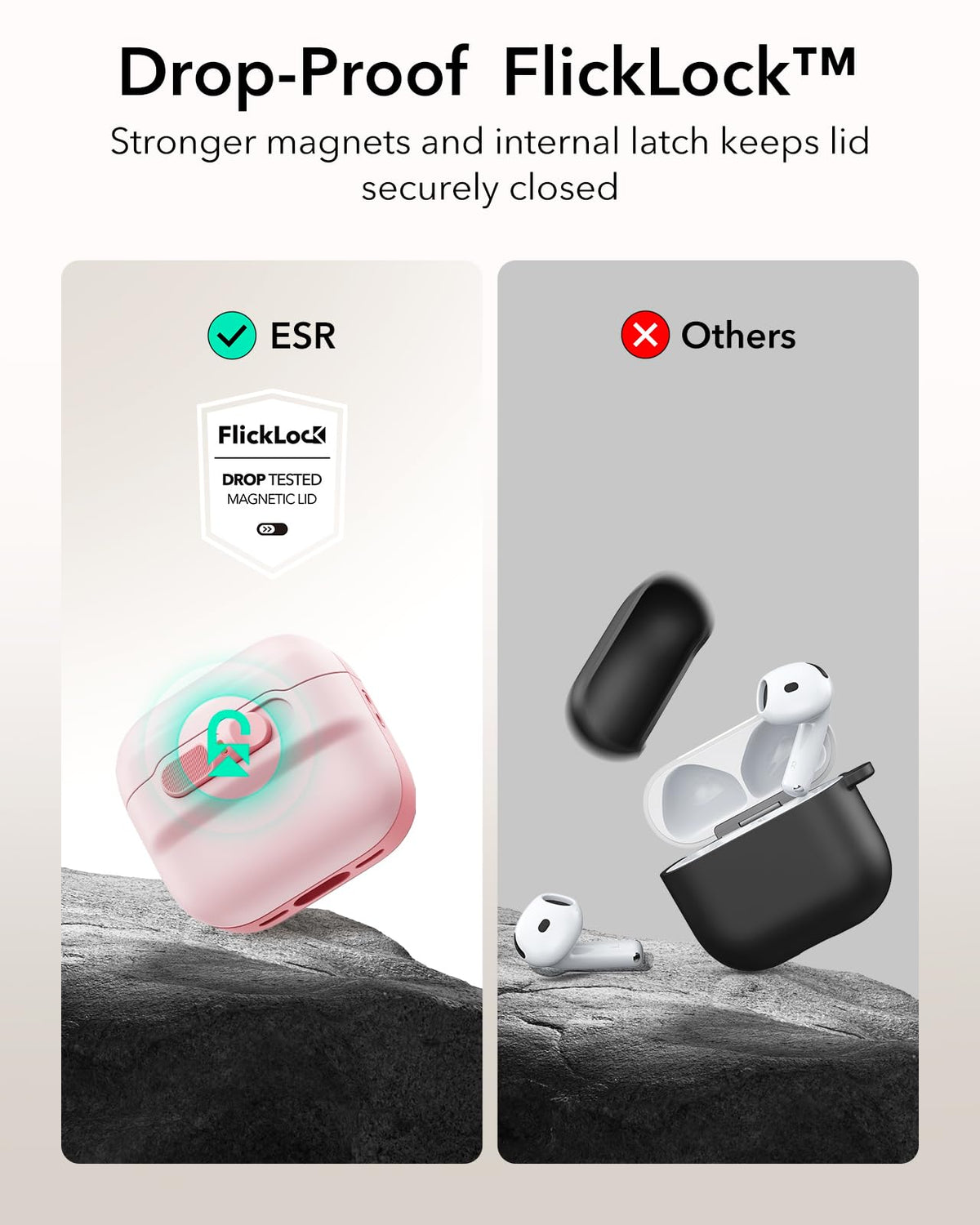 ESR Pulse Series case with FlickLock magnets keeps AirPods secure during drops