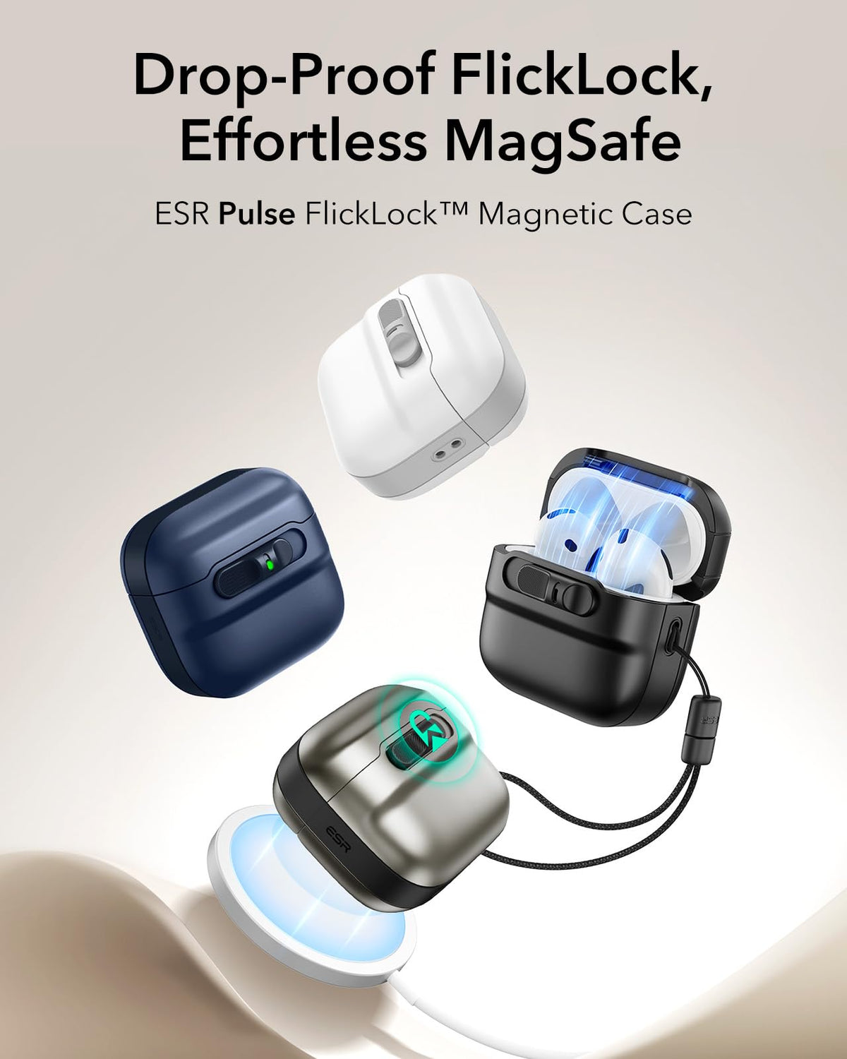 ESR Pulse Series AirPods 4 Case lid open for one-handed access.